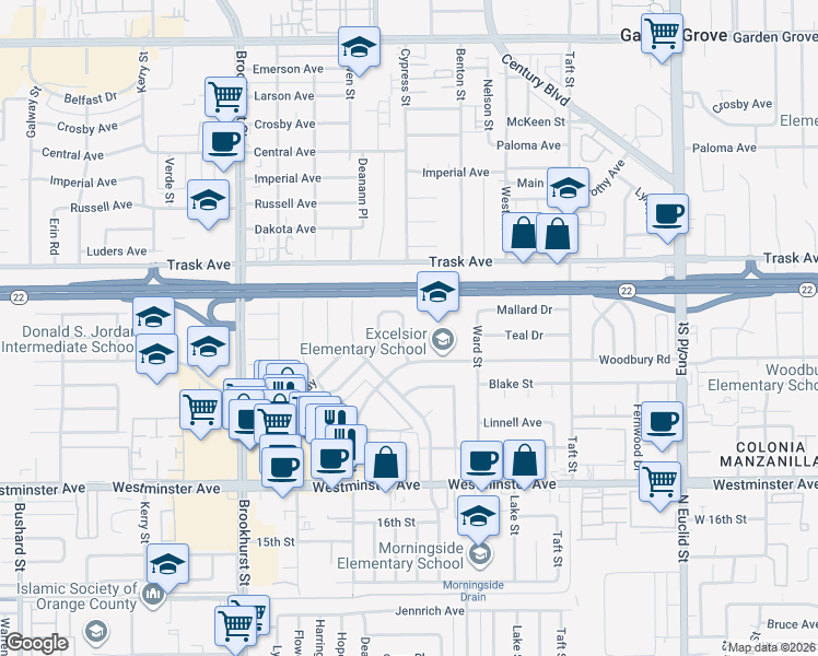 map of restaurants, bars, coffee shops, grocery stores, and more near 13622 Glendora Street in Garden Grove