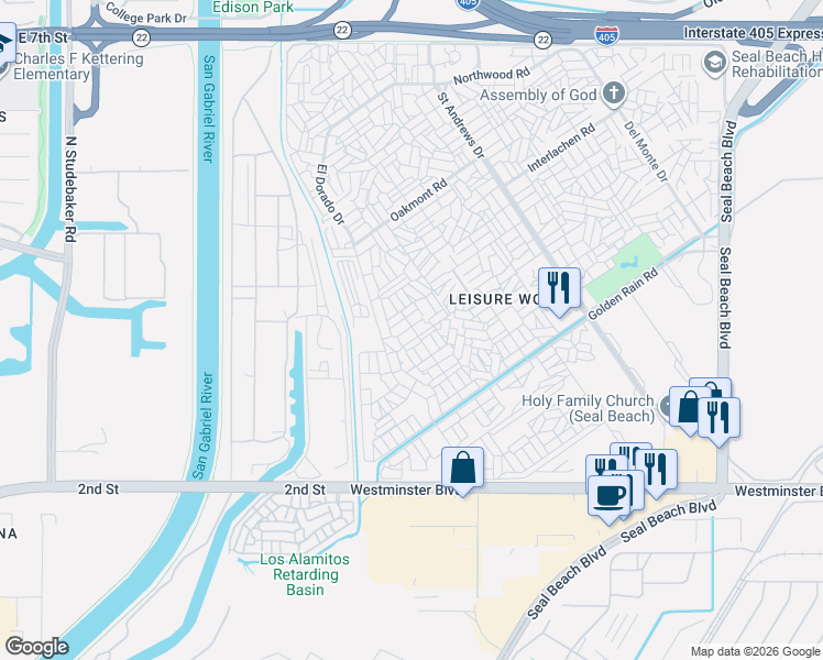map of restaurants, bars, coffee shops, grocery stores, and more near 13660 El Dorado Drive in Seal Beach