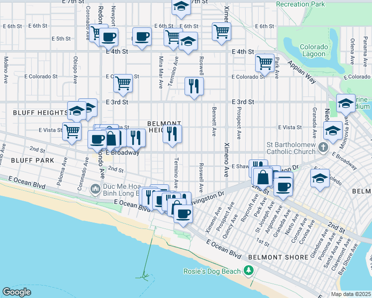 map of restaurants, bars, coffee shops, grocery stores, and more near 234 Belmont Avenue in Long Beach