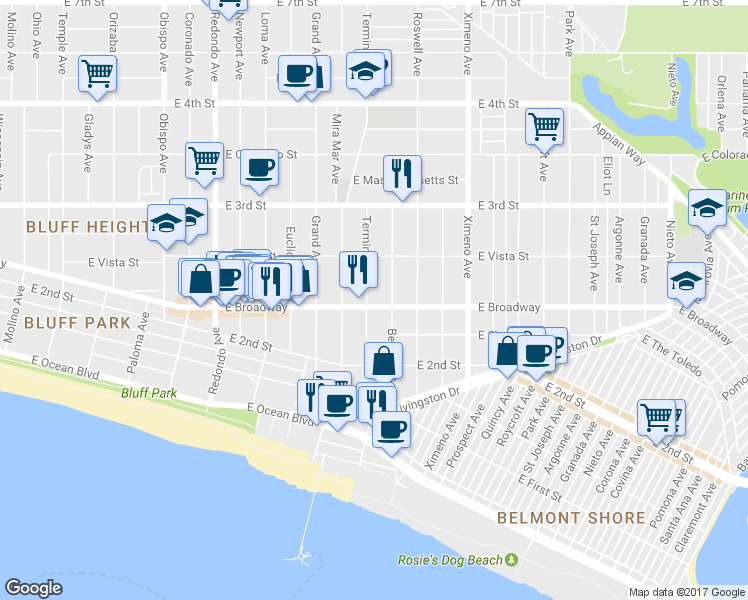 map of restaurants, bars, coffee shops, grocery stores, and more near 235 Termino Avenue in Long Beach