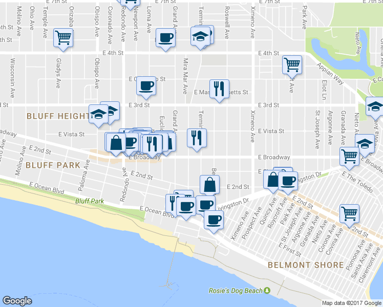 map of restaurants, bars, coffee shops, grocery stores, and more near 235 Termino Avenue in Long Beach