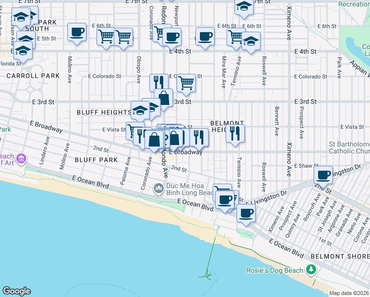 map of restaurants, bars, coffee shops, grocery stores, and more near 231 Loma Avenue in Long Beach