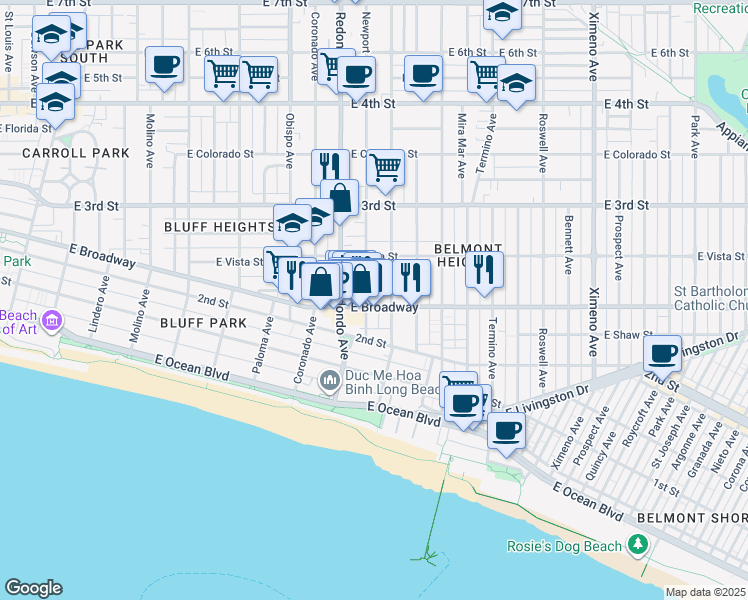 map of restaurants, bars, coffee shops, grocery stores, and more near 231 Loma Avenue in Long Beach