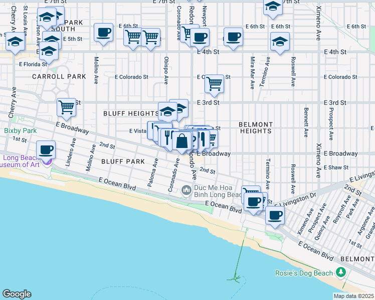 map of restaurants, bars, coffee shops, grocery stores, and more near 221 Coronado Avenue in Long Beach