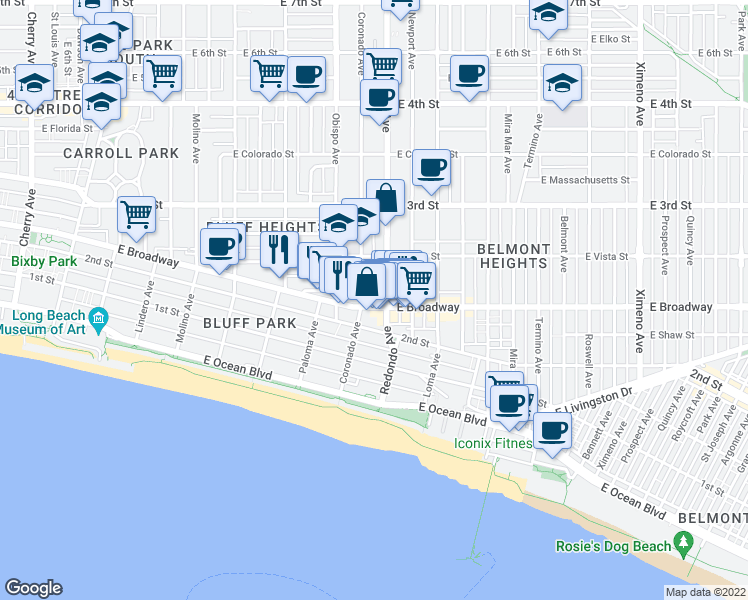 map of restaurants, bars, coffee shops, grocery stores, and more near 221 Coronado Avenue in Long Beach