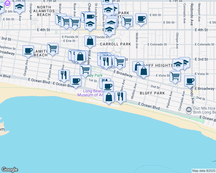 map of restaurants, bars, coffee shops, grocery stores, and more near 2128 East 1st Street in Long Beach