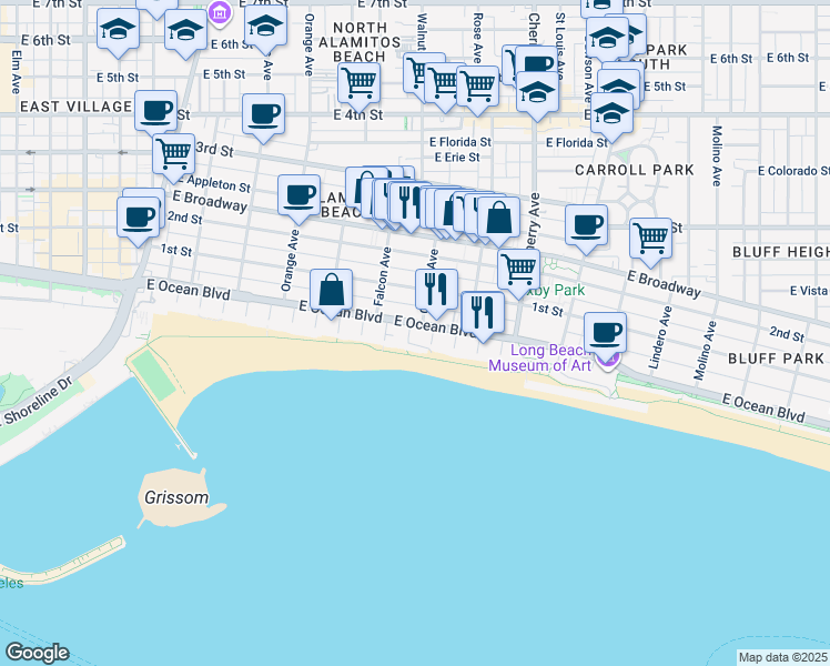 map of restaurants, bars, coffee shops, grocery stores, and more near 1610 East Ocean Boulevard in Long Beach