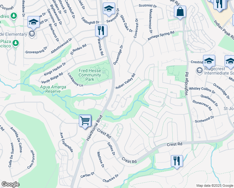 map of restaurants, bars, coffee shops, grocery stores, and more near 29450 Indian Valley Road in Rancho Palos Verdes