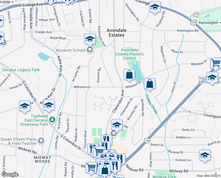 map of restaurants, bars, coffee shops, grocery stores, and more near 37 Wiltshire Drive in Avondale Estates