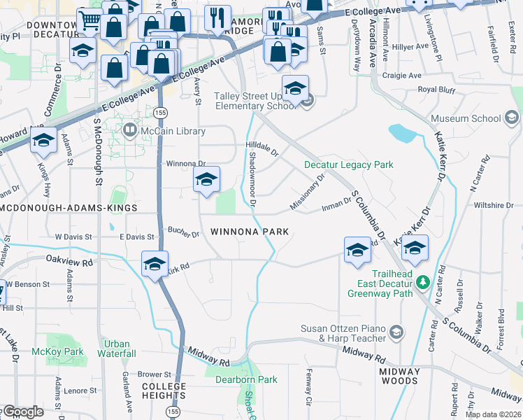 map of restaurants, bars, coffee shops, grocery stores, and more near 332 Shadowmoor Drive in Decatur