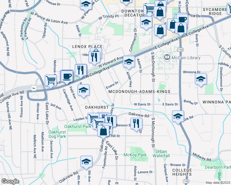 map of restaurants, bars, coffee shops, grocery stores, and more near 423 Ansley Street in Decatur