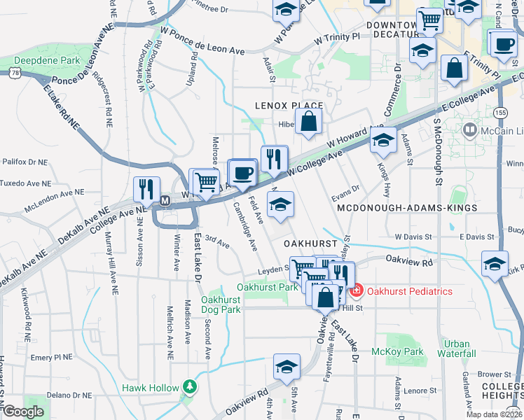 map of restaurants, bars, coffee shops, grocery stores, and more near 122 Feld Avenue in Decatur