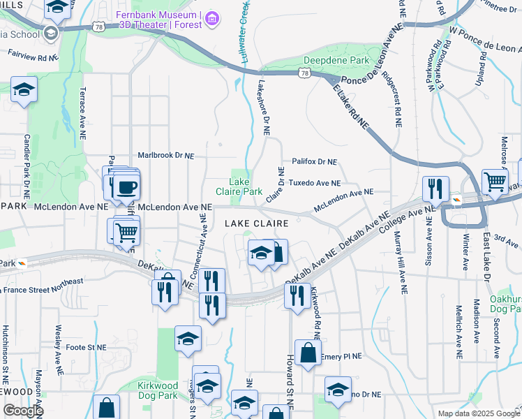 map of restaurants, bars, coffee shops, grocery stores, and more near 396 Lakeshore Drive Northeast in Atlanta