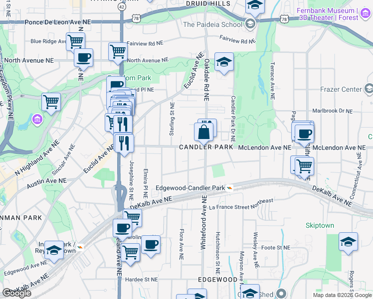 map of restaurants, bars, coffee shops, grocery stores, and more near 1338 McLendon Avenue Northeast in Atlanta