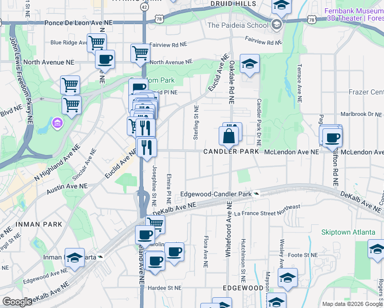 map of restaurants, bars, coffee shops, grocery stores, and more near 1300 McLendon Avenue Northeast in Atlanta