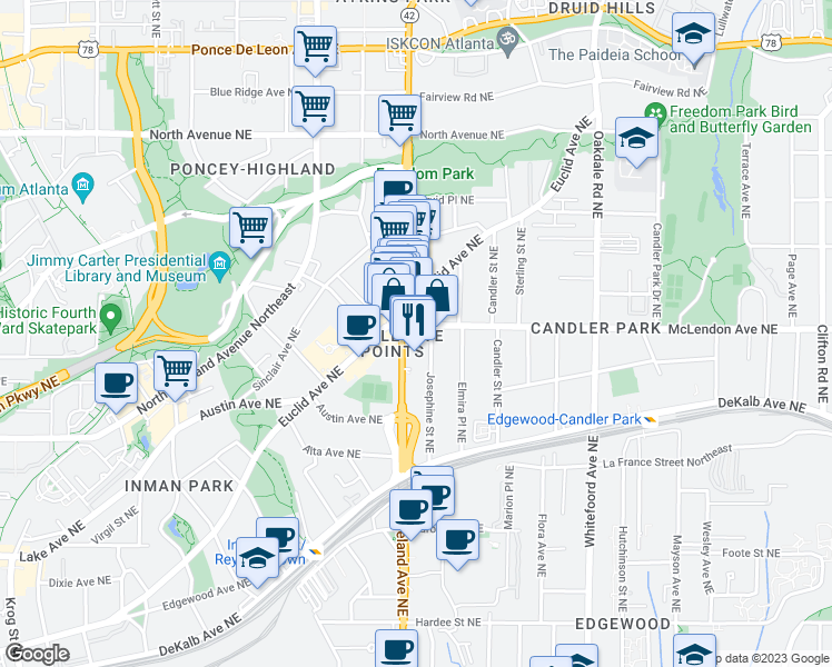 map of restaurants, bars, coffee shops, grocery stores, and more near 1206 McLendon Avenue Northeast in Atlanta