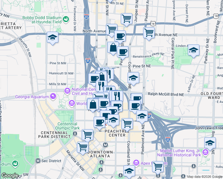map of restaurants, bars, coffee shops, grocery stores, and more near 45 Ivan Allen Junior Boulevard Northwest in Atlanta