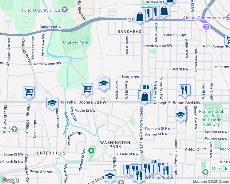 map of restaurants, bars, coffee shops, grocery stores, and more near 366 Tazor Street Northwest in Atlanta