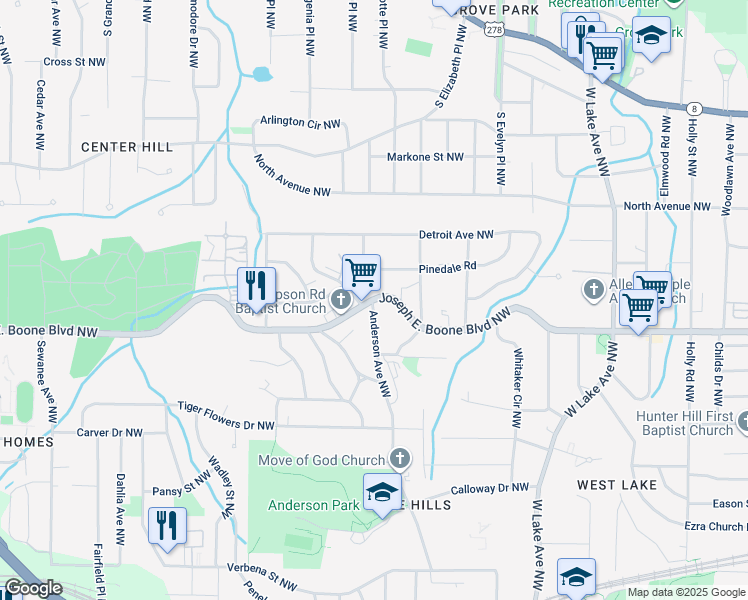 map of restaurants, bars, coffee shops, grocery stores, and more near 1971 Simpson Road Northwest in Atlanta