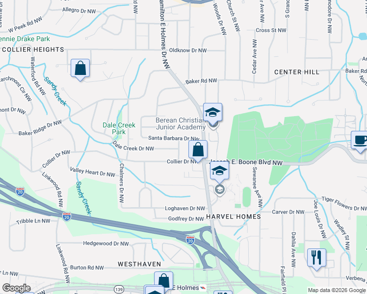 map of restaurants, bars, coffee shops, grocery stores, and more near 2588 Santa Barbara Drive Northwest in Atlanta
