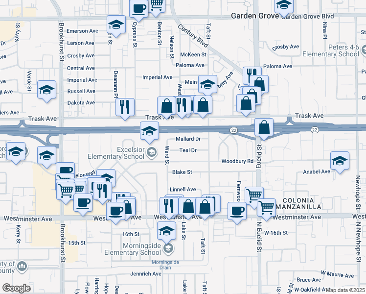 map of restaurants, bars, coffee shops, grocery stores, and more near 10572 Mallard Drive in Garden Grove