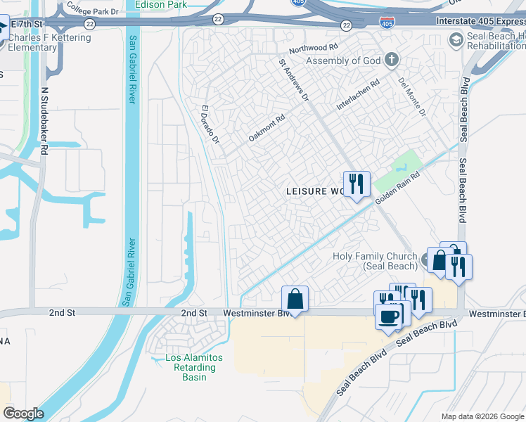 map of restaurants, bars, coffee shops, grocery stores, and more near 13660 El Dorado Drive in Seal Beach