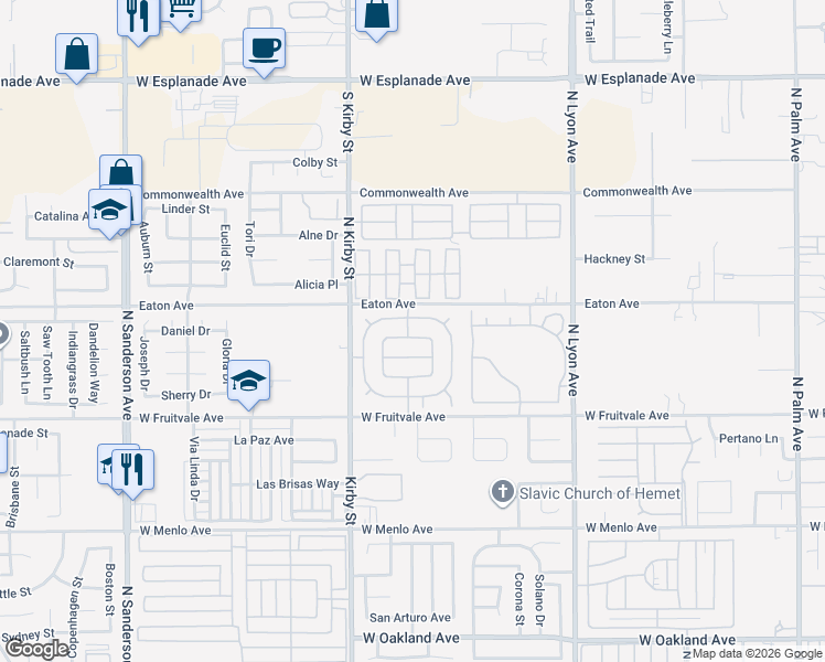 map of restaurants, bars, coffee shops, grocery stores, and more near 2219 El Toro Circle in Hemet