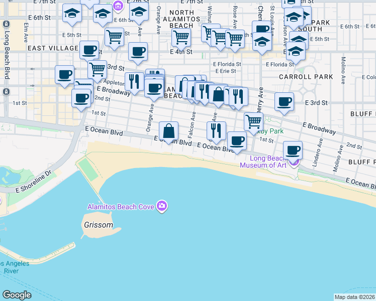 map of restaurants, bars, coffee shops, grocery stores, and more near 1500 East Ocean Boulevard in Long Beach