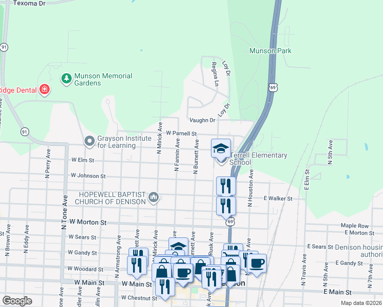 map of restaurants, bars, coffee shops, grocery stores, and more near 406 Martin Luther King Street in Denison