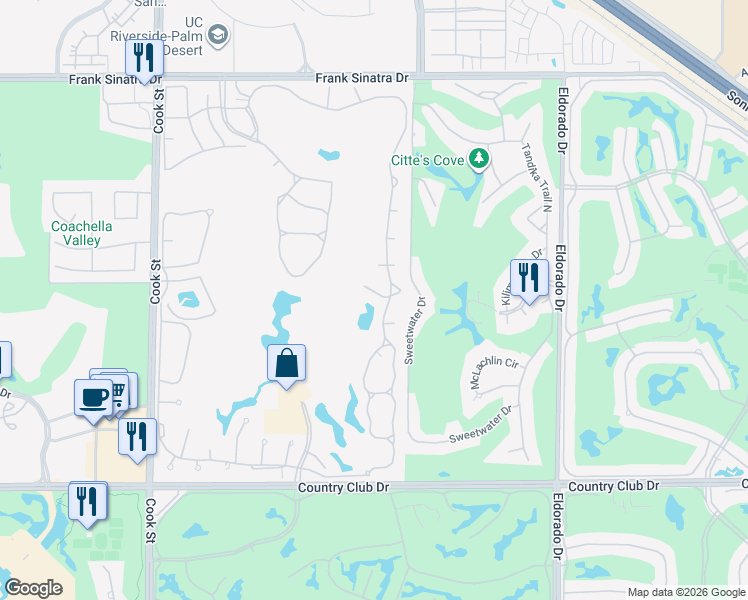 map of restaurants, bars, coffee shops, grocery stores, and more near 146 Villa Court in Palm Desert