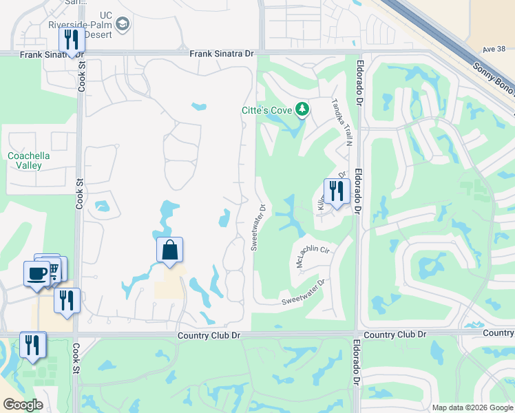 map of restaurants, bars, coffee shops, grocery stores, and more near 39141 Sweetwater Drive in Palm Desert