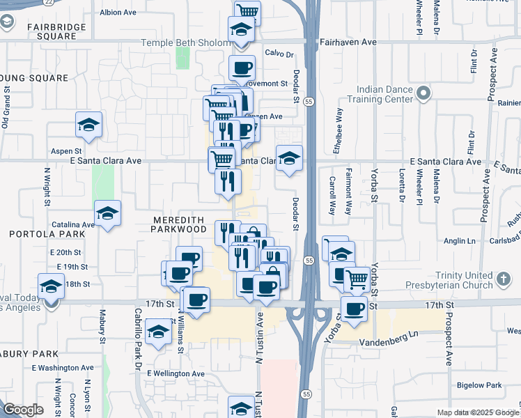 map of restaurants, bars, coffee shops, grocery stores, and more near 2010 Ponderosa Street in Santa Ana