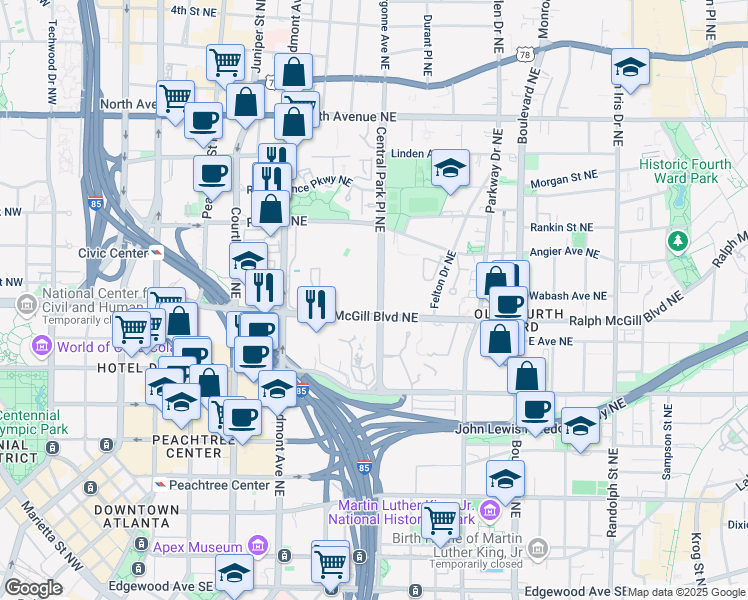 map of restaurants, bars, coffee shops, grocery stores, and more near 7209 Renaissance Way Northeast in Atlanta