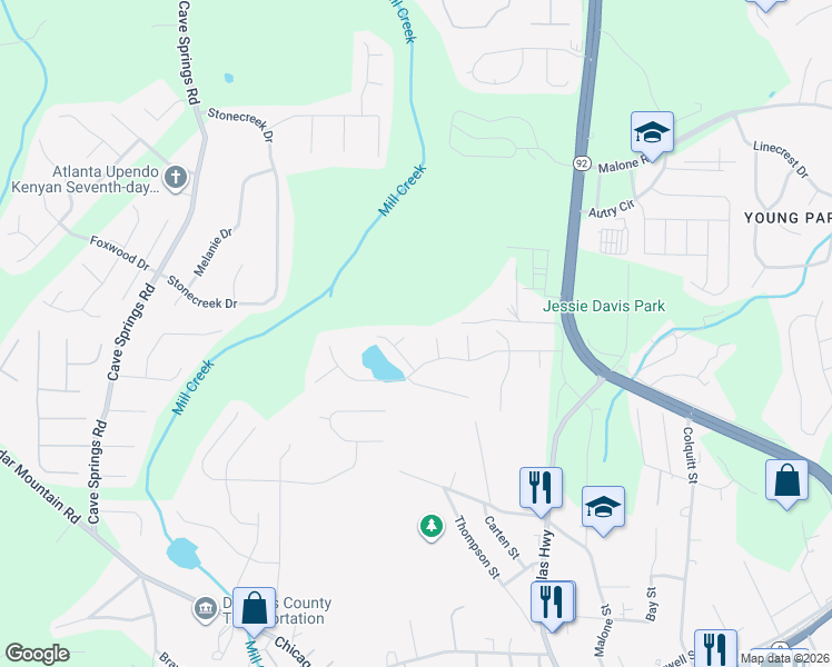 map of restaurants, bars, coffee shops, grocery stores, and more near 7870 Lake Terrace in Douglasville