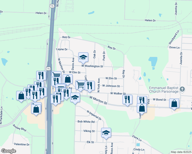 map of restaurants, bars, coffee shops, grocery stores, and more near 2631 West Elm Street in Denison
