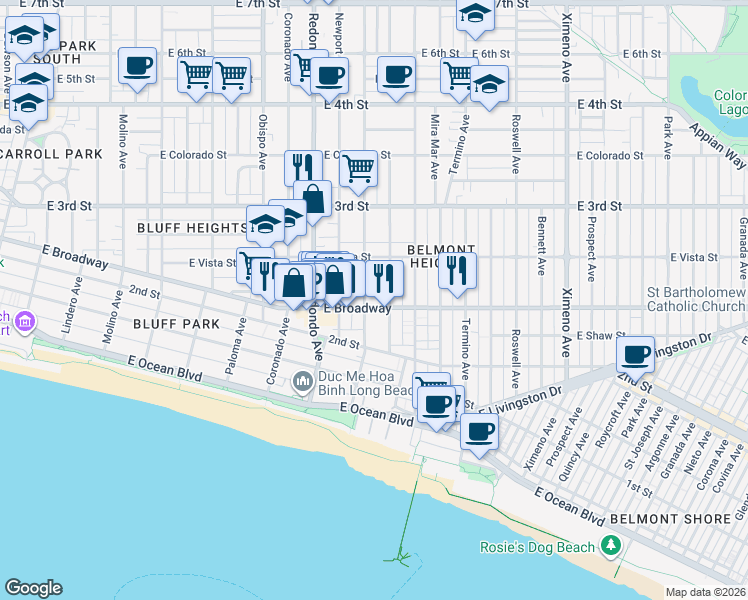 map of restaurants, bars, coffee shops, grocery stores, and more near 3617 East Broadway in Long Beach