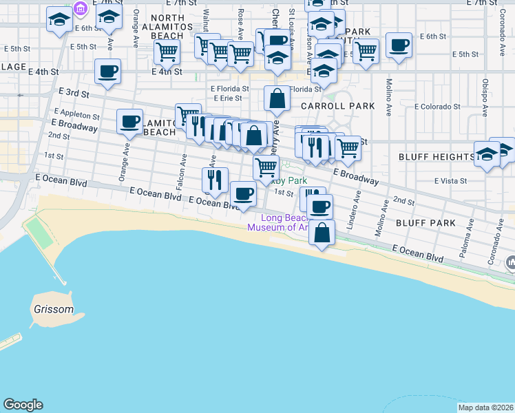 map of restaurants, bars, coffee shops, grocery stores, and more near 1901 East Ocean Boulevard in Long Beach