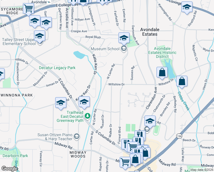 map of restaurants, bars, coffee shops, grocery stores, and more near 2854 Wiltshire Drive in Decatur
