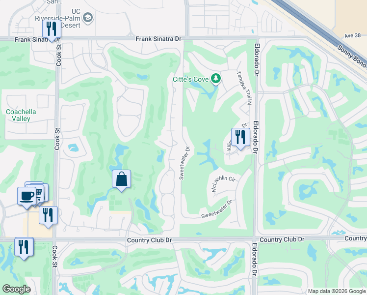 map of restaurants, bars, coffee shops, grocery stores, and more near 39141 Sweetwater Drive in Palm Desert