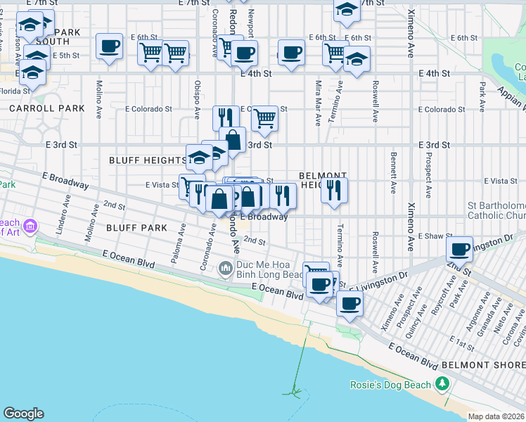 map of restaurants, bars, coffee shops, grocery stores, and more near 3529 East Broadway in Long Beach