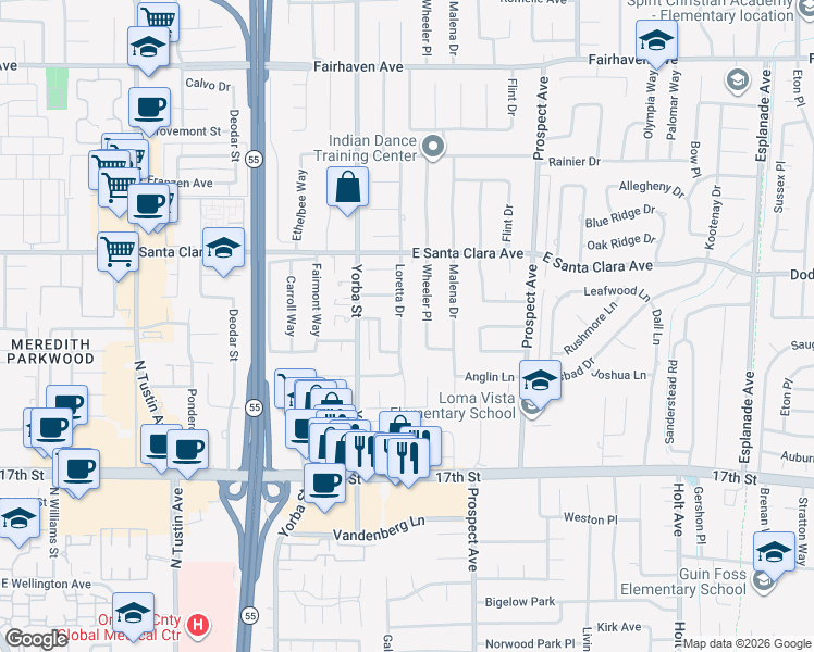 map of restaurants, bars, coffee shops, grocery stores, and more near 13662 Loretta Drive in Tustin