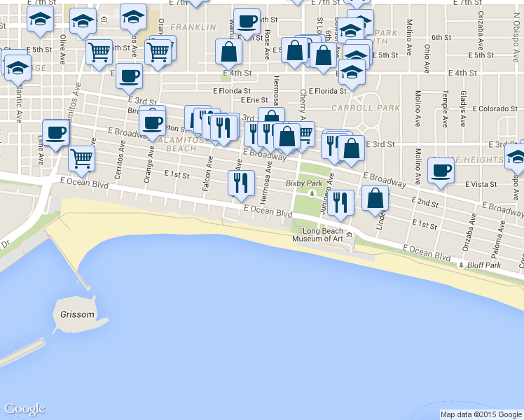map of restaurants, bars, coffee shops, grocery stores, and more near East Ocean Boulevard & Hermosa Avenue in Long Beach