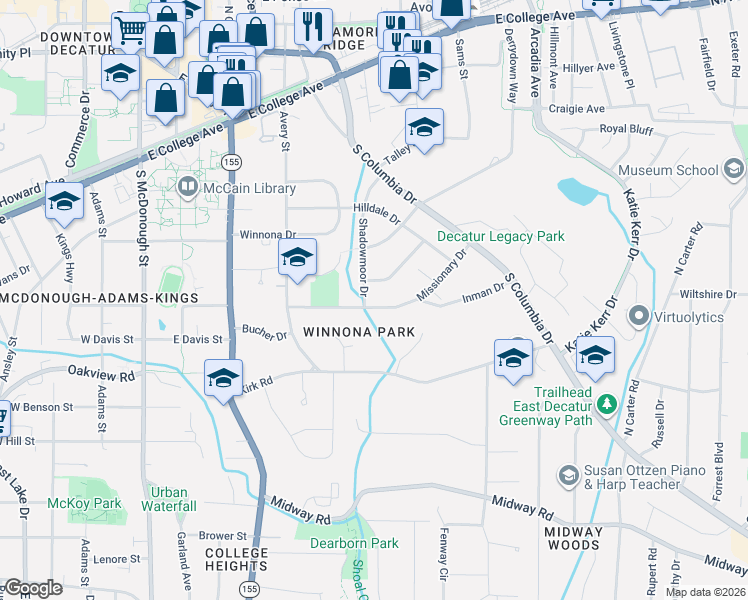 map of restaurants, bars, coffee shops, grocery stores, and more near 332 Shadowmoor Drive in Decatur