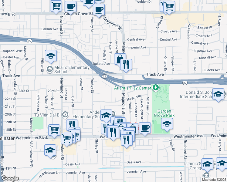 map of restaurants, bars, coffee shops, grocery stores, and more near 13632 Hazel Street in Garden Grove