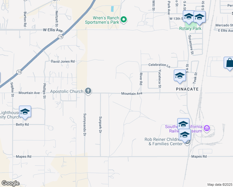 map of restaurants, bars, coffee shops, grocery stores, and more near Mountain Avenue in Perris