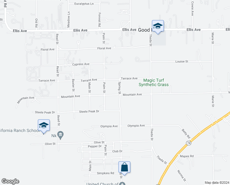 map of restaurants, bars, coffee shops, grocery stores, and more near 21732 Mountain Avenue in Perris