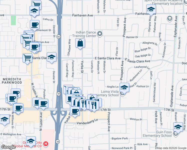 map of restaurants, bars, coffee shops, grocery stores, and more near 13662 Loretta Drive in Tustin