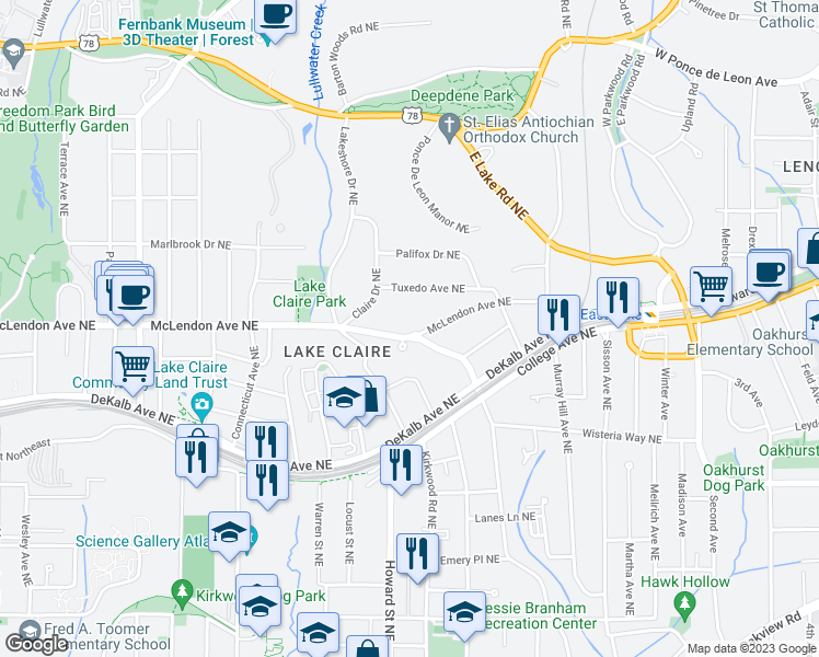 map of restaurants, bars, coffee shops, grocery stores, and more near 1984 McLendon Avenue Northeast in Atlanta