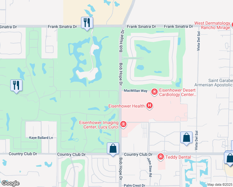 map of restaurants, bars, coffee shops, grocery stores, and more near 6 Stanford Drive in Rancho Mirage