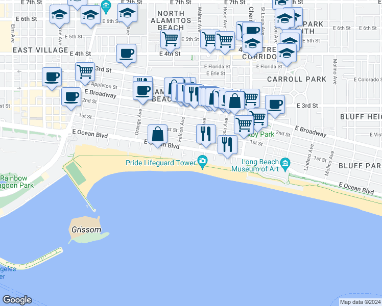 map of restaurants, bars, coffee shops, grocery stores, and more near 1628 East Ocean Boulevard in Long Beach
